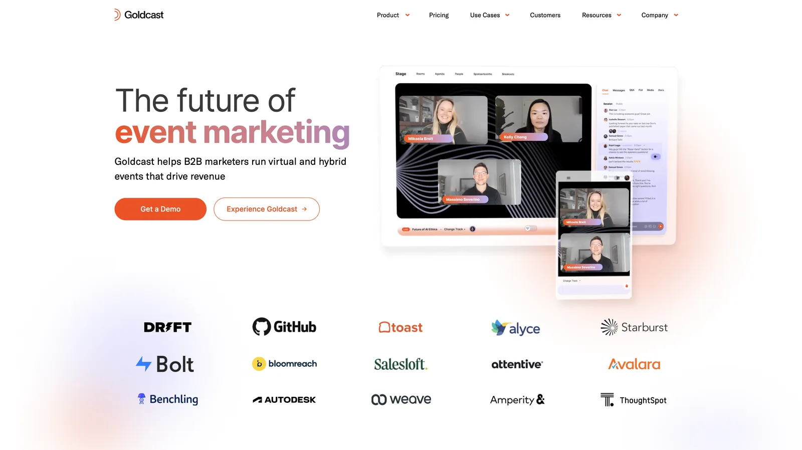 The Goldcast events platform, showing a live multi-speaker stage with chat and agenda panels
